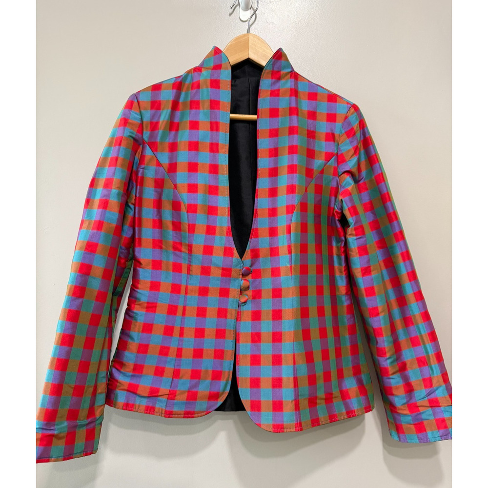 Y2k Statement Reversible Structured Plaid Silk Bl… - image 3